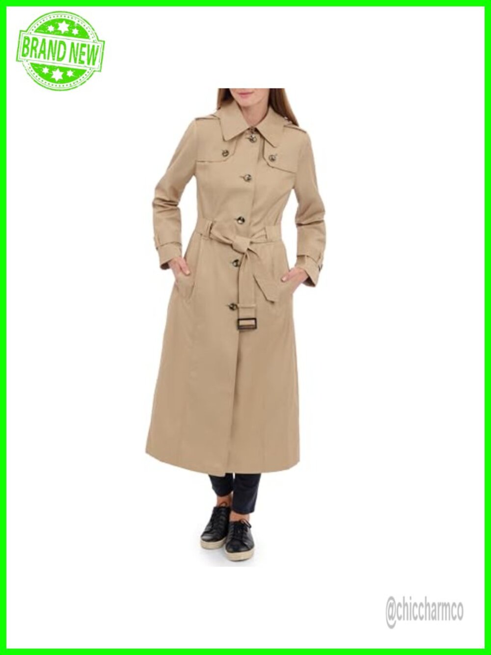 Women's Single Breasted Long Trench Coat with Epaulettes and Belt